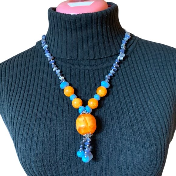 Tassel Necklace - Blue and orange beads - from Maroc - Picture 3 of 10